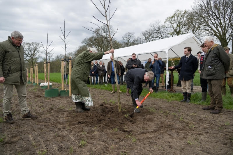 Gedeputeerde Maurits von Martels plant de laatste notenboom aan de Welevelderallee op Landgoed Weleveld (foto: provincie Overijssel)